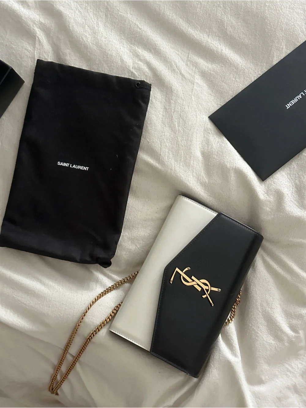 Saint Laurent Black and White Two-Tone Quilted YSL Chain Card Holder
